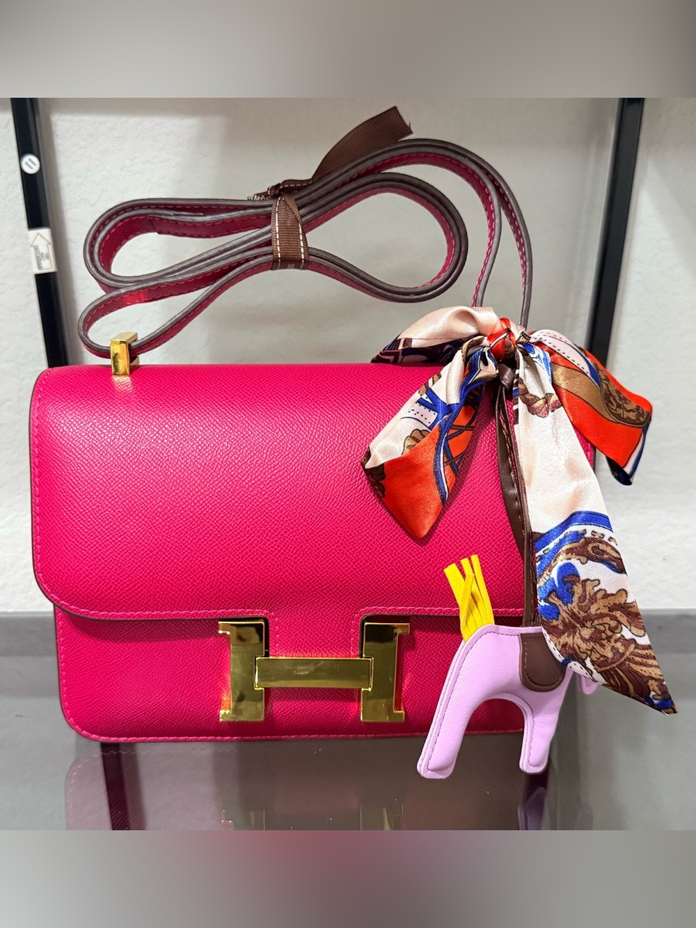 Hot Pink Leather Shoulder Bag with Gold Hardware